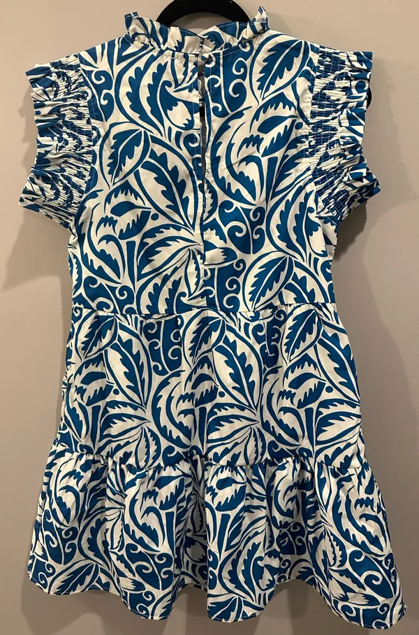 THML Blue and White Ruffle Neck Tiered Printed Dress - Image 2