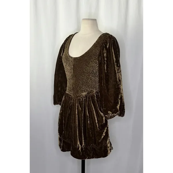 NWT!! FREE PEOPLE Farrier Velvet Mini Dress Smocked Solid Brown Bear Mini XS - Image 6