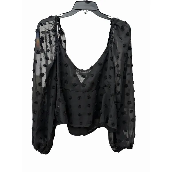 Lulu's Blouse XL‎ Cropped Black Clip Dot Balloon Sleeves Halter Babydoll #AA9-1 - Image 9