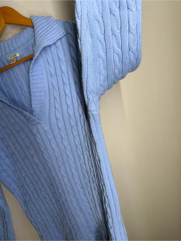 L.L.Bean Blue Cable Knit Collared V Neck 100% Cotton Sweater Heritage Classic‎ - Image 7