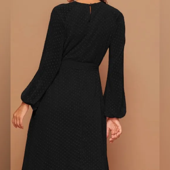 Long Sleeve Maxi Black Swiss Dot Dress Size Large - Image 2