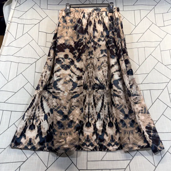Simply Vera Vera Wang Skirt XL Tan Navy Tie Dye‎ Elastic Waist Midi A-Line - Image 2
