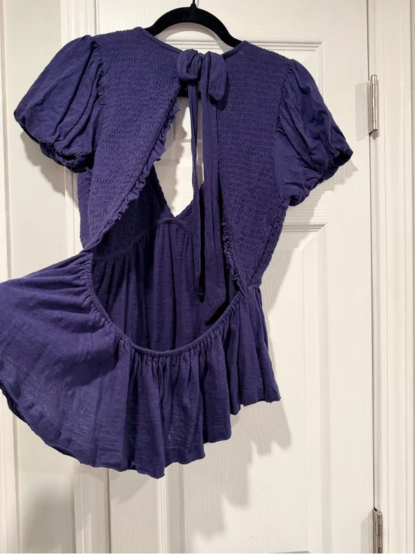 NWOT Free People Size L Blue Smocked Puff Sleeve Open Tie Back Babydoll Top - Image 10