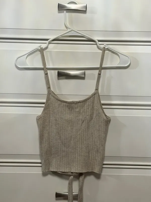 Harper Heritage Ribbed Tie-Front Camisole in Light Taupe - Image 2