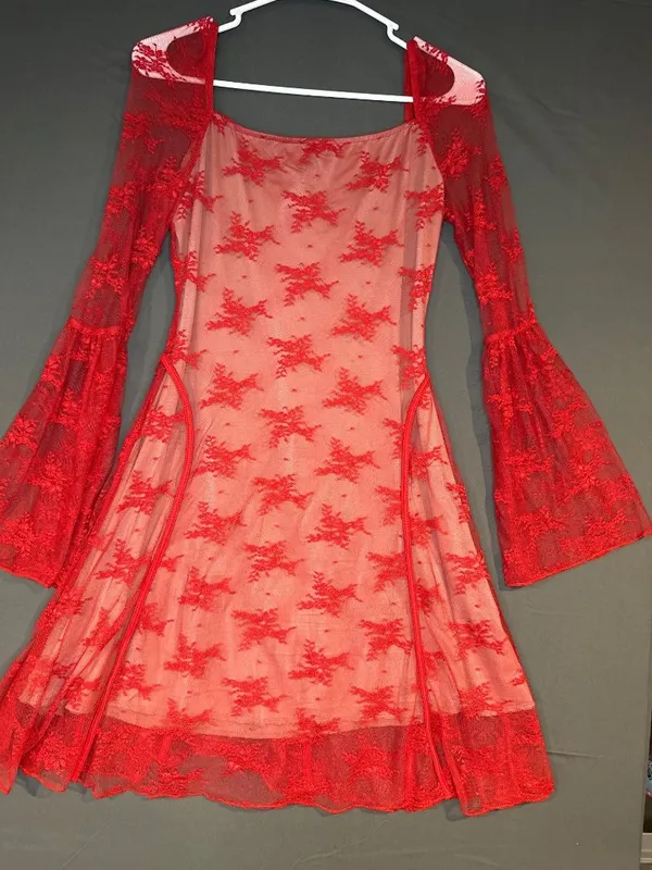Women L Red Lace Corset Dress Bell Sleeve Y2K Romantic Goth Coquette Festival - Image 2