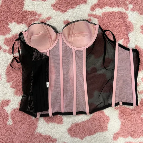 Fredericks of Hollywood Black Lace Corset Bustier Top Y2K Coquette Sheer Mesh Size 32 - Image 7