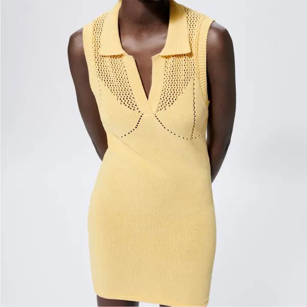 Zara Yellow Perforated Collared‎ Sleeveless V-Neck Knit Mini Dress Medium - Image 3