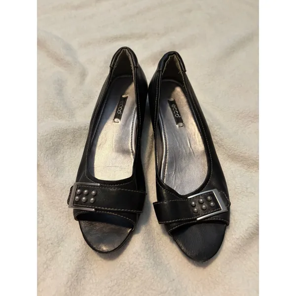 Ecco Black Leather Open Toe Heeled Pumps‎ Buckle Embellished Size 39 - Image 2