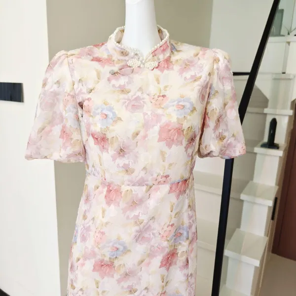 Floral Cheongsam Midi Dress Pearl Stand Collar Puff - Image 2