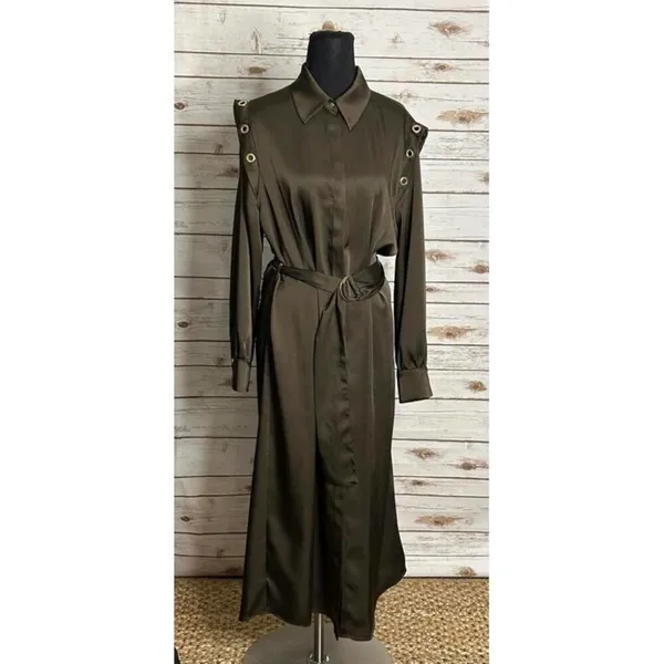 Zara olive green satin grommet detail belted Ring Trim maxi shirtdress Size M - Image 7