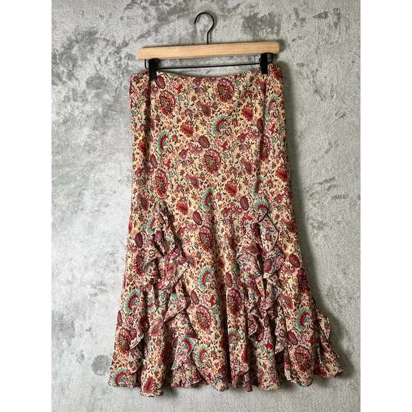 Vintage Cottagecore Prairie Floral Ruffle Midi Skirt‎ Boho Romantic Women Medium - Image 3