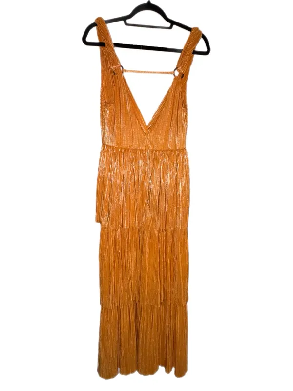Sabina Musayev Alma Midi Dress in Mandarin Orange Pleated Tiered Small - Image 7