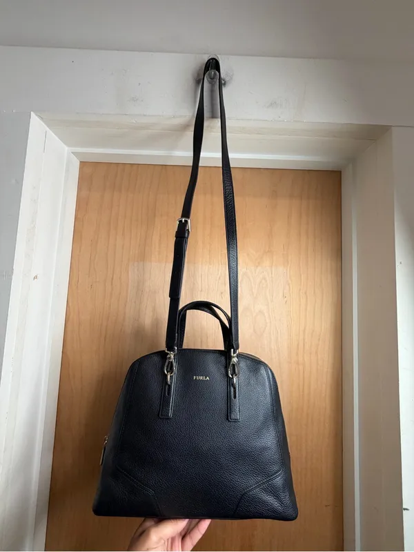 Furla Black Genuine Leather Satchel Handbag with Removable Crossbody Strap - Image 3