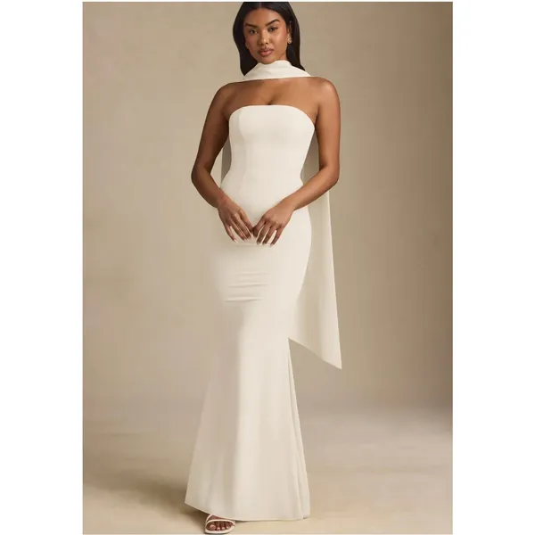 Oh Polly Imogene Scarf-Detail Strapless Gown Maxi Dress in Ivory Size 4 - Image 3