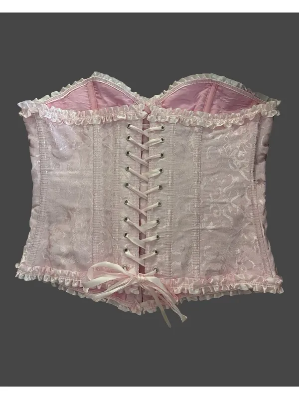 Lady Jacquard Floral Bustier Overbust Corset Top Lace Up Ruffle Steampunk Gothic - Image 3