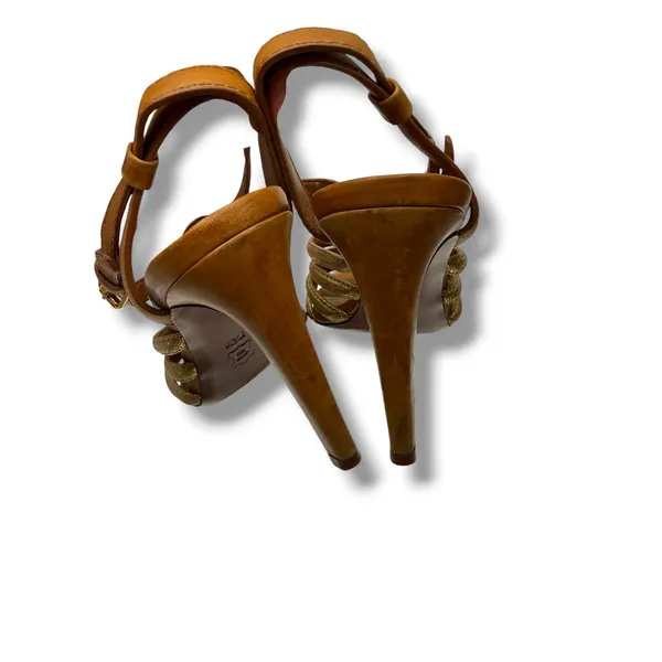 Tory Burch Charlene Sandals 7.5 Tan Gold Leather Heels Dress‎ Party Elegant - Image 6