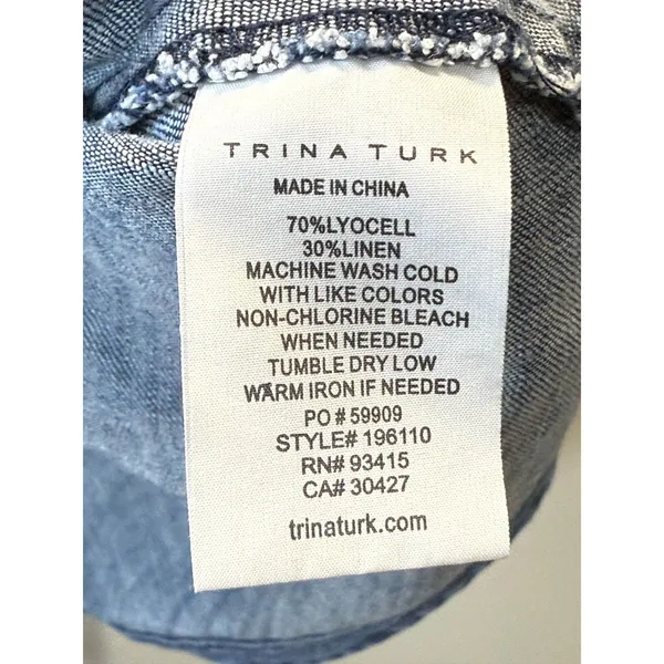 Trina Turk Wrap Top Womens Small Blue Chambray Fringed Belted Tunic - Image 5