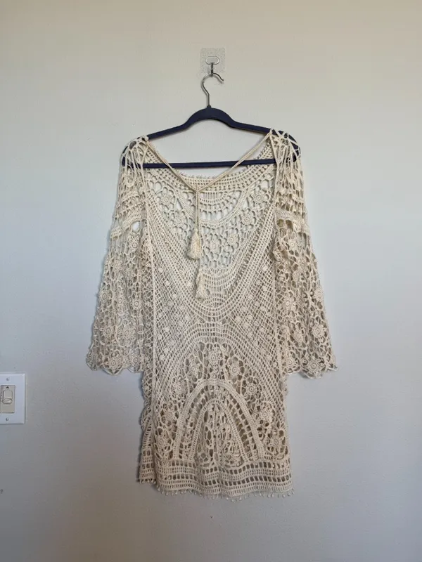 Crochet Knit Cream Bohemian Style Tunic Mini Dress - Image 3