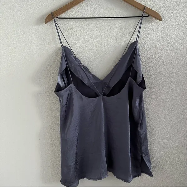 Free People Intimately Sensual Satin Scallop Deep V Cami Blue Gray Large - Image 7