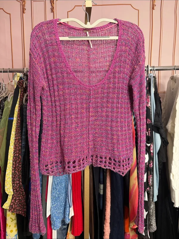 Free People Pink Multicolor Marled Knit V Neck Sweater Open Knit Boho Pullover - Image 2