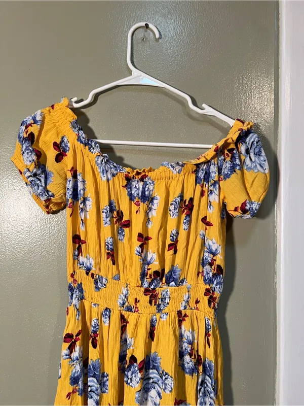 Womens Off Shoulder Mini Dress Yellow Burgundy Blue Floral Smocked Elastic Waist - Image 7