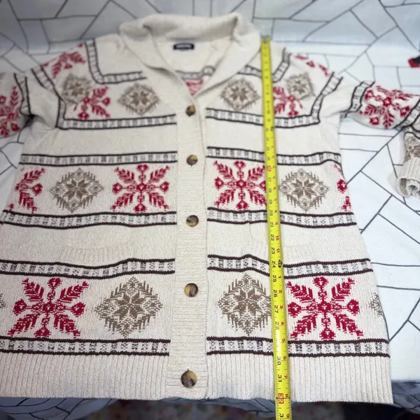 Lands End Cardigan‎ Sweater XL Cream Snowflake Fair Isle Drifter Shawl Collar - Image 4