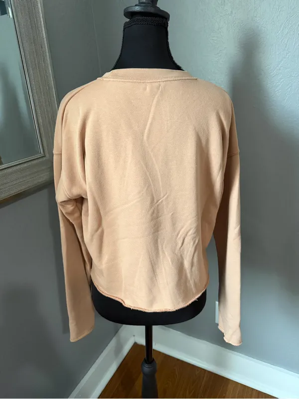 Aerie Pocket Crewneck Crop Sweatshirt Tan Soft Rough Hem XS. - Image 4