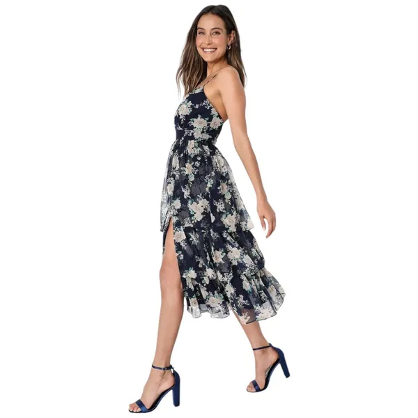 Lulus Cultivate Crushes Navy Floral Print Tiered Ruffled Midi Dress Size S - Image 6