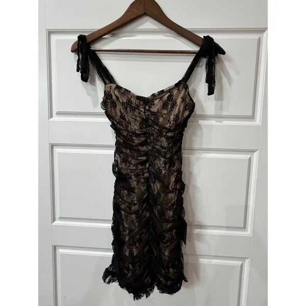 Lulus Black Lace Ruched‎ Bodycon Mini Dress Tie Straps XS Coquette Goth Y2K - Image 2
