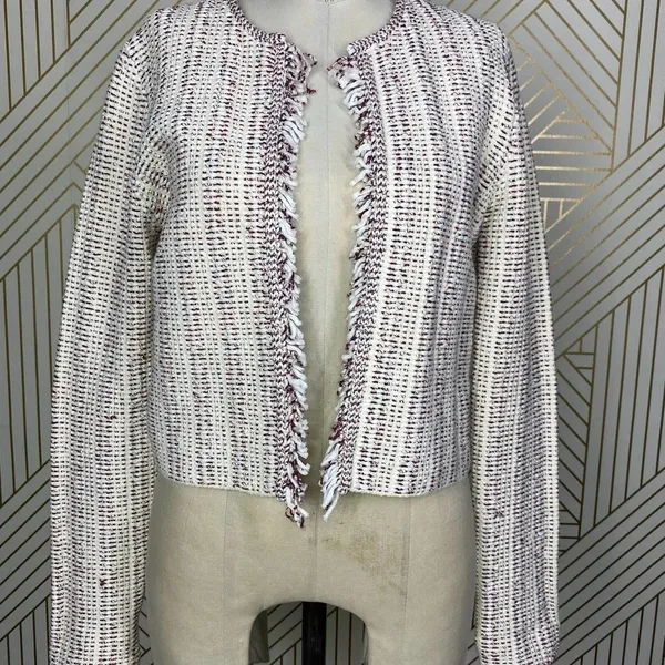 Theory Galinne Speckle Boucle Knit Fringe Sweater Jacket Cream Red Size Small‎ - Image 6