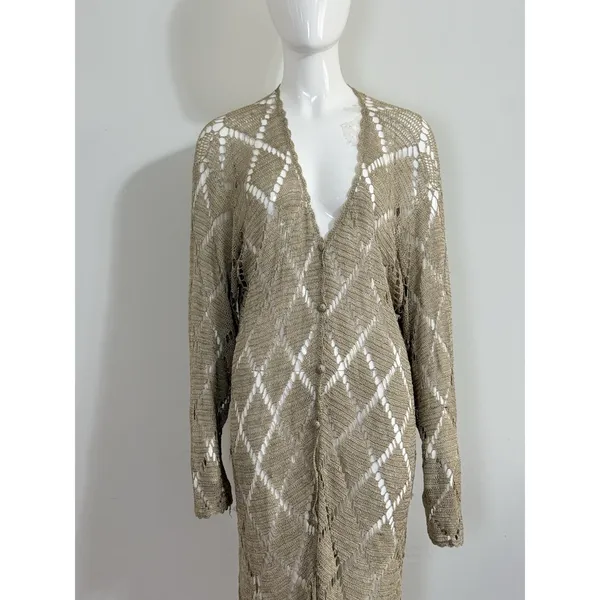 Womens Crochet Knit Cardigan Long Duster Metallic Beige Fringe Boho Cover Up L - Image 2