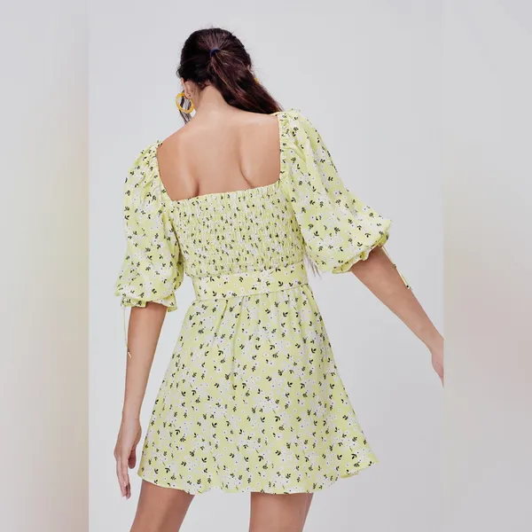 For Love & Lemons Chrysanthemum Mini Dress Lemonade Yellow Floral Medium - Image 3