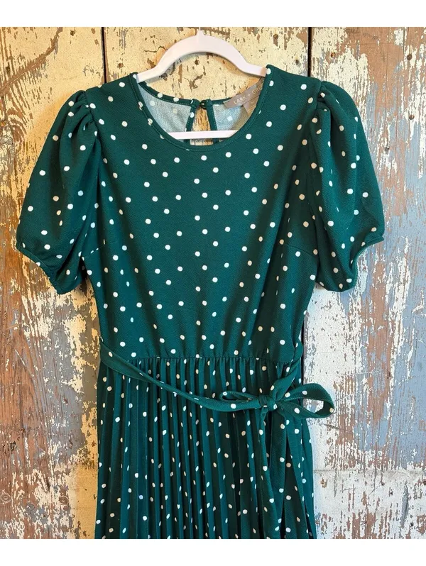 Lark + Grey Green White Polka Dot Pleated Dress size Medium - Image 2