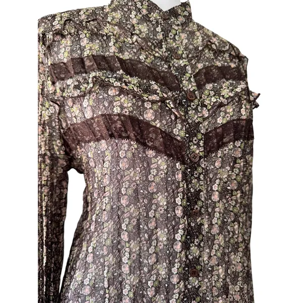 Vintage ‘00s Apt. 9 Sheer Brown Floral Print Accordion Pleat Long Sleeve Blouse - Image 5