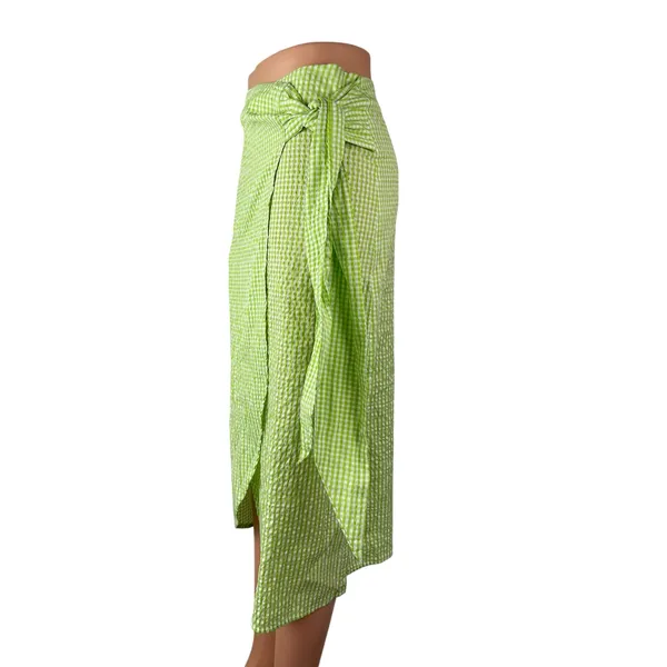 NEW Monki Women's Green Gingham Check High Rise Asymmetric Midi Wrap Skirt Sz 36 - Image 2