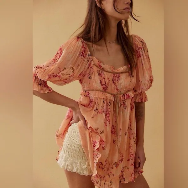 NWT Free People Peach Floral Sheer Babydoll Tunic Mini Dress Boho Romantic M - Image 2