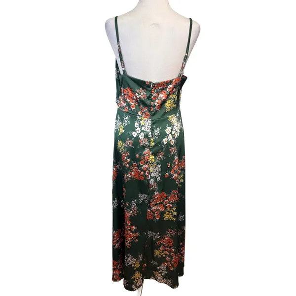 Floral Satin Cutout Tie Front Midi Dress Womens L Green Floral‎ Wedding Party - Image 3