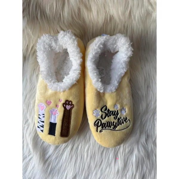 Yellow Plush Women's Slippers with 'Stay Pawssitive' Embroidery - Image 2