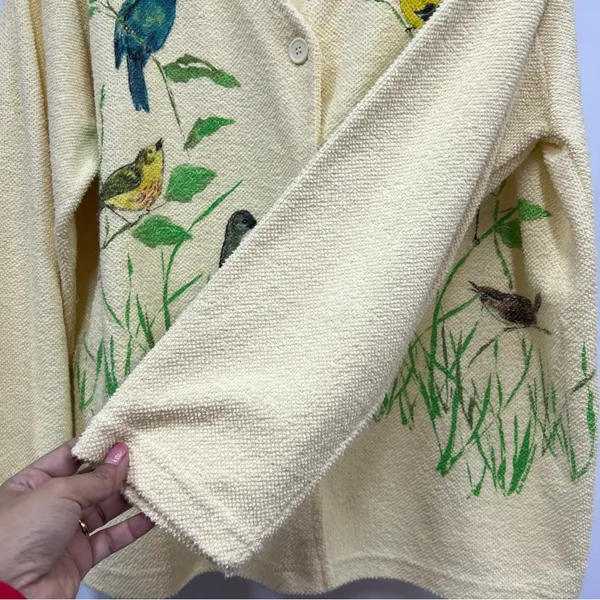 Vintage AU Women's yellow terry cloth cardigan Sweater Bird Art Applique Print - Image 5