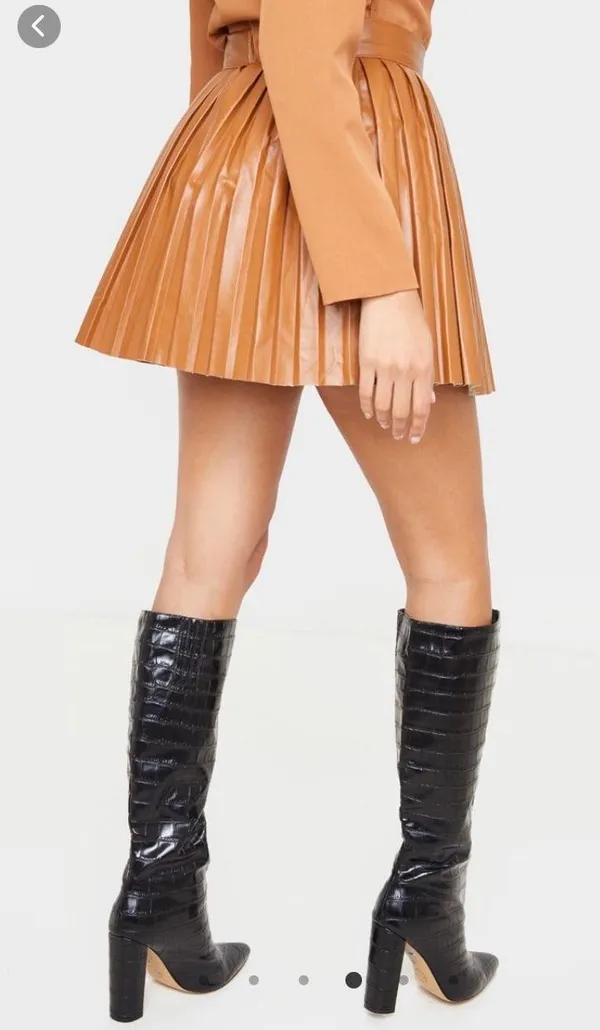 Camel Faux Leather Pleated Skater Skirt - Image 2