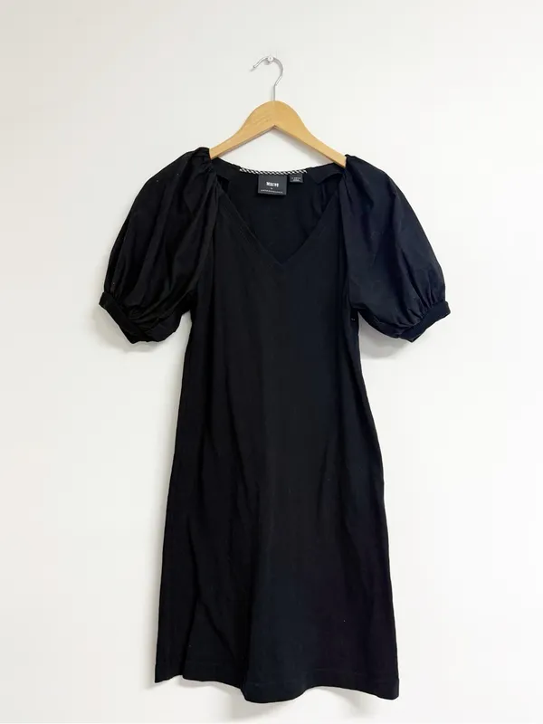 Maeve Anthropologie Annika Knit Mini Dress XS Black Puff Sleeve V-Neck - Image 6
