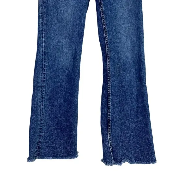 ZARA Flared High Rise Straight Leg Raw Hem Broken In Jean Zip 2 Dark Blue Wash - Image 4