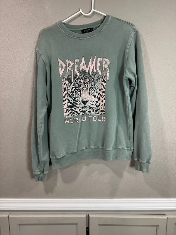 Sage Green 'Dreamer' Leopard Graphic Crewneck Sweater - Image 2
