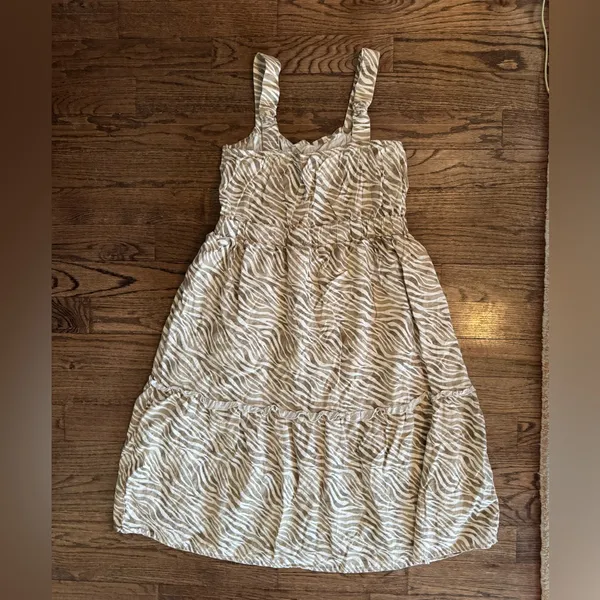 Cactus and Pearl Large Strapless Tiered Midi Dress Linen Green Tan cream Tiger - Image 3