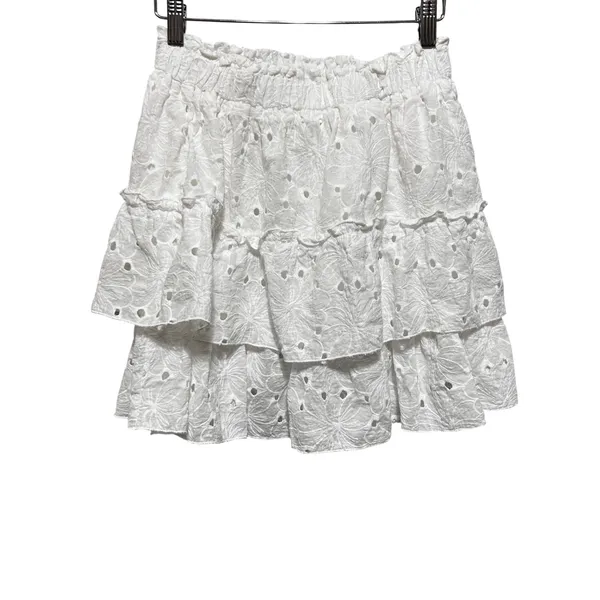 Effeny Women Cottagecore Coquette Tiered Mini Skirt S/M White Eyelet Ruffle Boho - Image 3