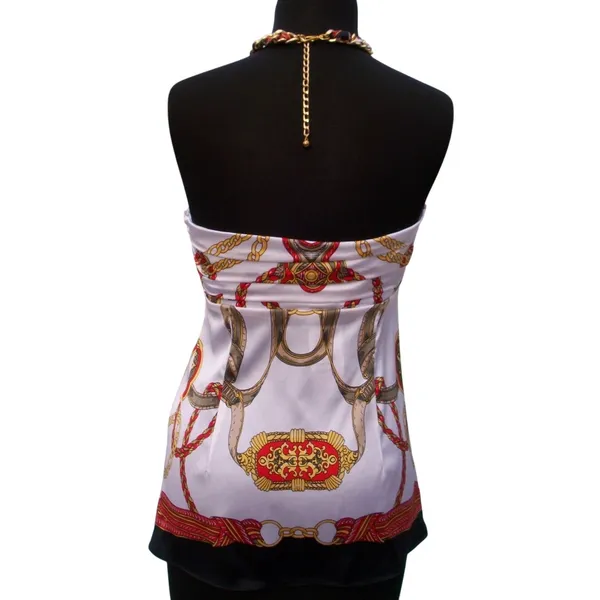 Cache Silk White Scarf Print Gold Chain Halter Top New Built In Bra $118 NWT XS - Image 4