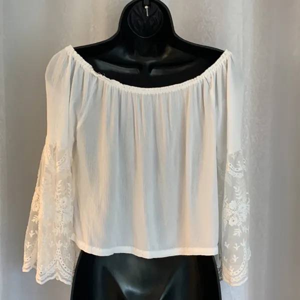 BOHO White Off-Shoulder Lace Sleeve Blouse Sz: S - Image 3