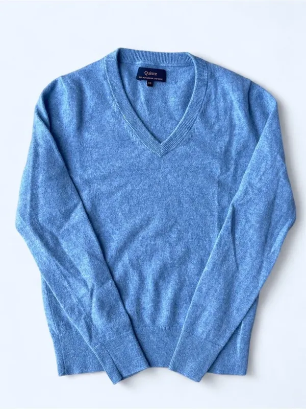 Quince Mongolian Cashmere V-Neck Sweater Faded Denim minimalist luxury XS - Image 2