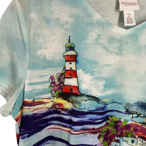 Chico’s Weekends Scenic Lighthouse Art T-Shirt Top Multicolor Tee Size 2/Large - Image 3