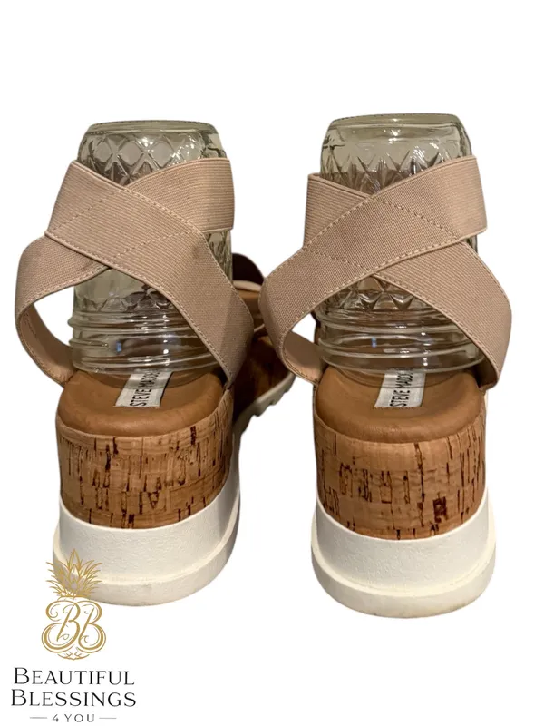 Steve Madden platform Sandals Women 8.5 Beige Elastic Strap Cork Wedge Comfort - Image 3